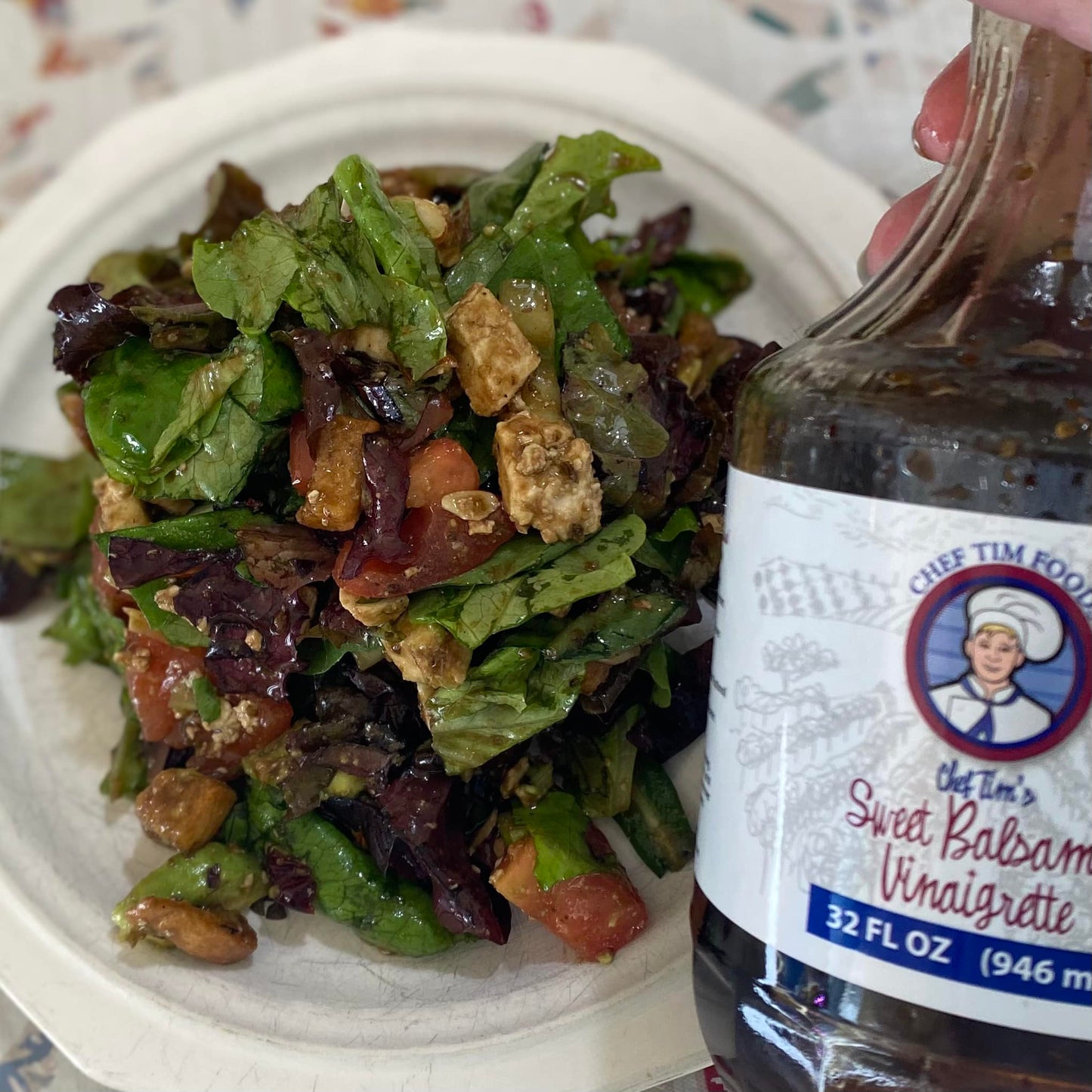 Almond Craisin Salad tossed with Chef Tim's Sweet Balsamic Vinaigrette salad dressing and marinade. Bottle and salad plate. Made with 7 natural Ingredients and is Gluten Free & Cholesterol Free & No MSG
Makes a Great as a Gift for people who love to cook and desire to eat healthy, and/or gluten free. Made in USA.
"Shake, Shake, Shake. Don't Refrigerate"©
A simple dinner salad to compliment any meal.