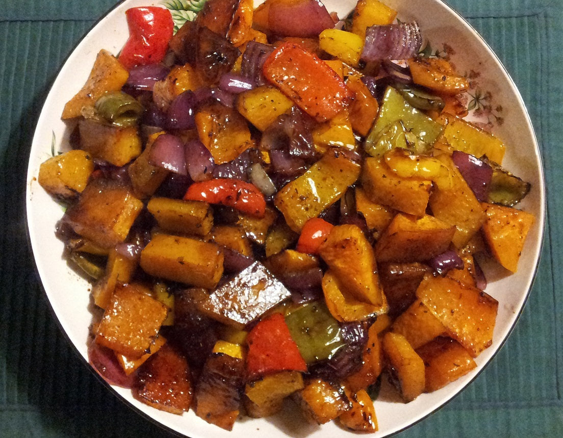 Butternut Squash  Roasted with Caramelized Onions andtossed with Chef Tim's Sweet Balsamic Vinaigrette salad dressing and marinade.  Made with 7 natural Ingredients and is Gluten Free & Cholesterol Free & No MSG
 Makes a Great as a Gift for people who love to cook and desire to eat healthy, and/or gluten free.  Made in USA.
"Shake, Shake, Shake. Don't Refrigerate"©