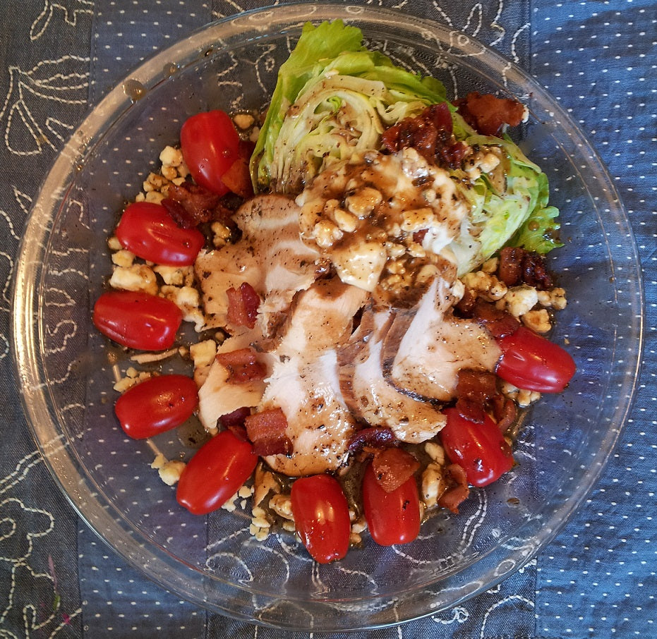 Iceberg Wedge salad on a plate with chicken lettuce blue cheese and tossed with Chef Tim's Sweet Balsamic Vinaigrette salad dressing and marinade.  Made with 7 natural Ingredients and is Gluten Free & Cholesterol Free & No MSG
 Makes a Great as a Gift for people who love to cook and desire to eat healthy, and/or gluten free.  Made in USA.
"Shake, Shake, Shake. Don't Refrigerate"©