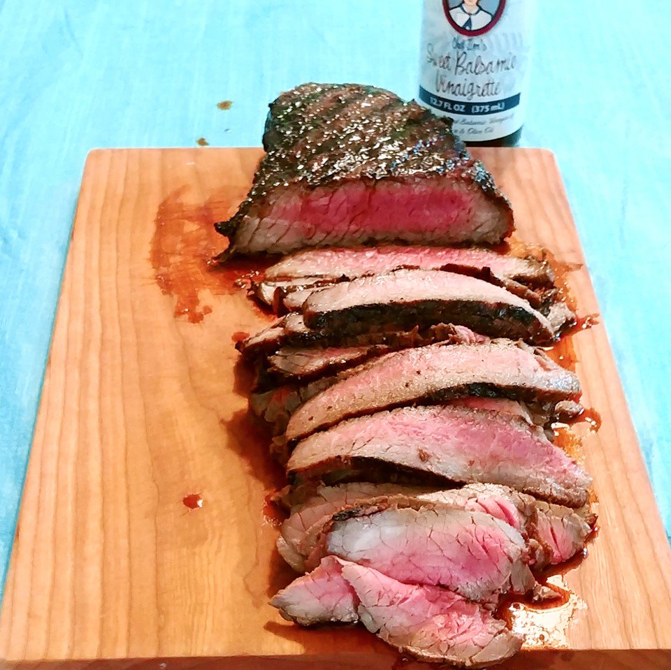 London Broil on a wooden cutting board marinated with Chef Tim's Sweet Balsamic Vinaigrette salad dressing and marinade. Made with 7 natural Ingredients and is Gluten Free & Cholesterol Free & No MSG
Makes a Great as a Gift for people who love to cook and desire to eat healthy, and/or gluten free. Made in USA.
"Shake, Shake, Shake. Don't Refrigerate"©