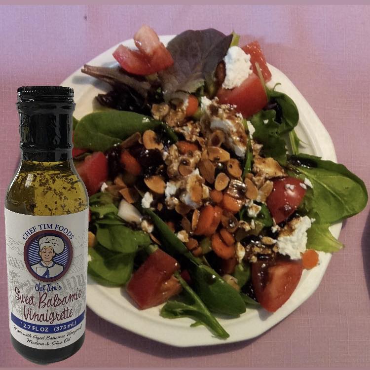Almond Craisin Salad on a plate tossed with Chef Tim's Sweet Balsamic Vinaigrette salad dressing and marinade. Bottle Made with 7 natural Ingredients and is Gluten Free & Cholesterol Free & No MSG
Makes a Great as a Gift for people who love to cook and desire to eat healthy, and/or gluten free. Made in USA.
"Shake, Shake, Shake. Don't Refrigerate"©
A simple dinner salad to compliment any meal.