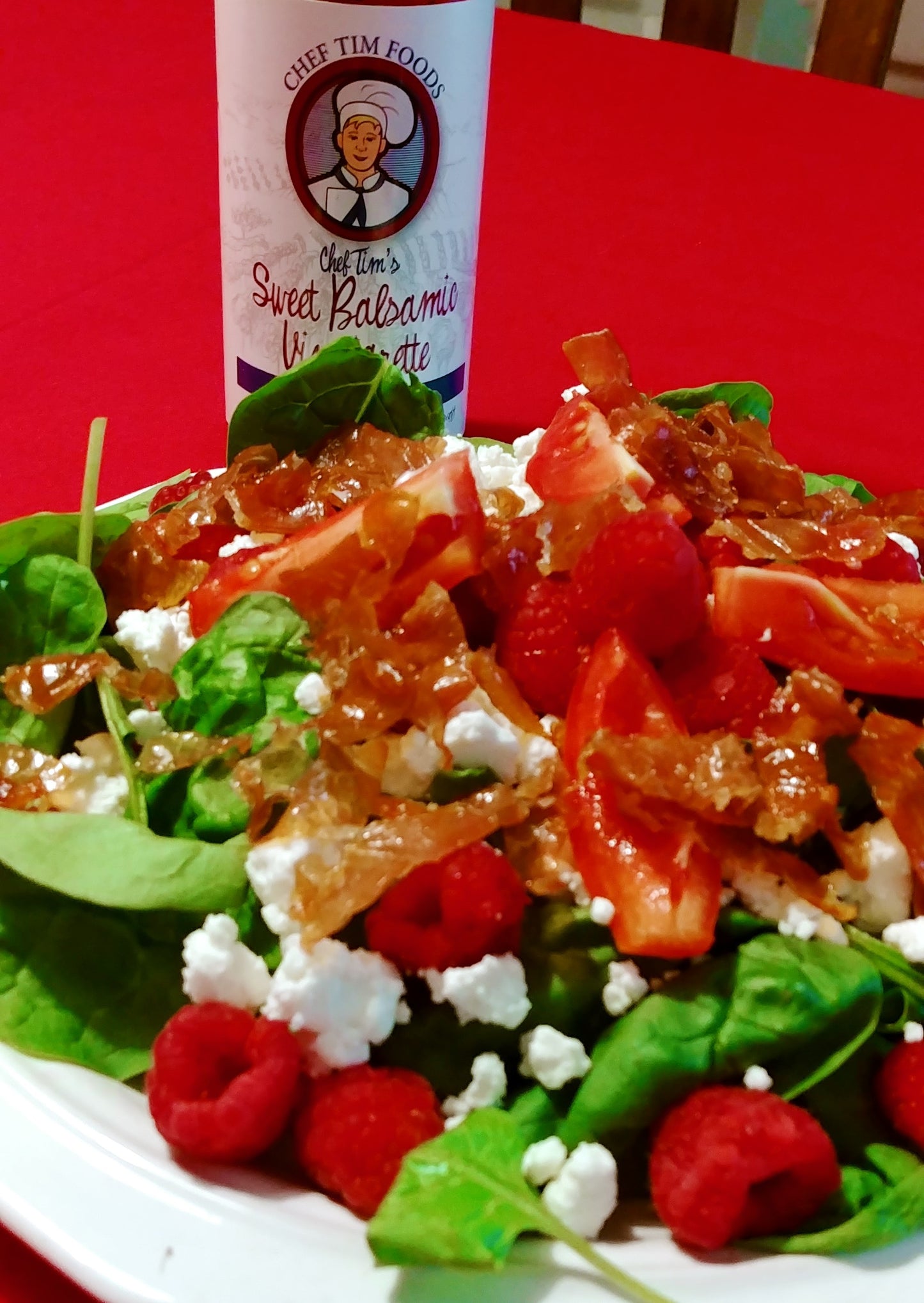 Raspberry Goat Cheese and Crispy Prosciutto tossed in Chef Tim's Sweet Balsamic Vinaigrette. "Shake, Shake, Shake. Don't Refrigerate"©
Great as a Gift for people who love to cook and desire to eat healthy, and/or gluten free. Made in USA.