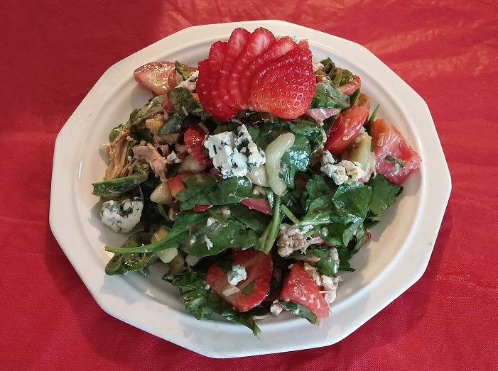 Salad with strawberries on a white plate against a red background. Salad tossed with Chef Tim's Sweet Balsamic Vinaigrette salad dressing and marinade. Made with 7 natural Ingredients and is Gluten Free & Cholesterol Free & No MSG
Makes a Great as a Gift for people who love to cook and desire to eat healthy, and/or gluten free. Made in USA.
"Shake, Shake, Shake. Don't Refrigerate"©