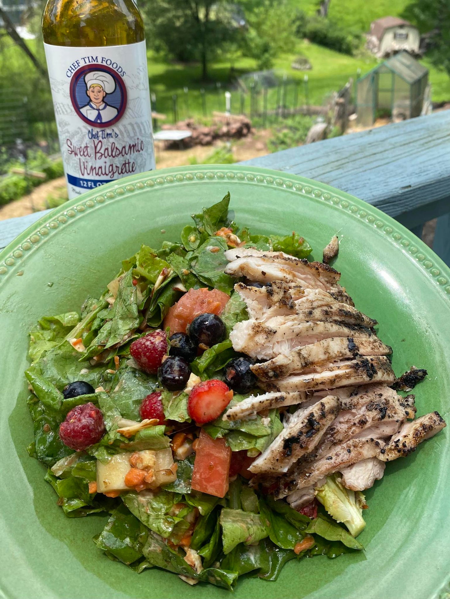 Triple Berry Salad with strawberries, raspberries, and blueberries plus grilled chicken and vegetables on a green plate, with a bottle of Chef Tim's Sweet Balsamic Vinaigrette salad dressing and marinade. Made with 7 natural Ingredients and is Gluten Free & Cholesterol Free & No MSG
Makes a Great as a Gift for people who love to cook and desire to eat healthy, and/or gluten free. Made in USA.
"Shake, Shake, Shake. Don't Refrigerate"©