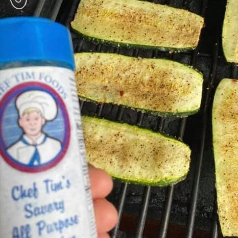 Zucchini slices on a grill seasoned with Chef Tim's Savory All Purpose Seasoning. A delightful blend of spices for beef, pork, chicken, seafood, veal & lamb, including roasts, steaks, chops, loins, fillets, and burgers. Also great on roasted potatoes, fries, pizza, vegetables & soups.
"Anything that walked, swam flew or grew."
Gluten Free & Cholesterol Free & No MSG
Great as a Gift for anyone who loves to Cook, Grill or use in the Smoker. Made in USA.