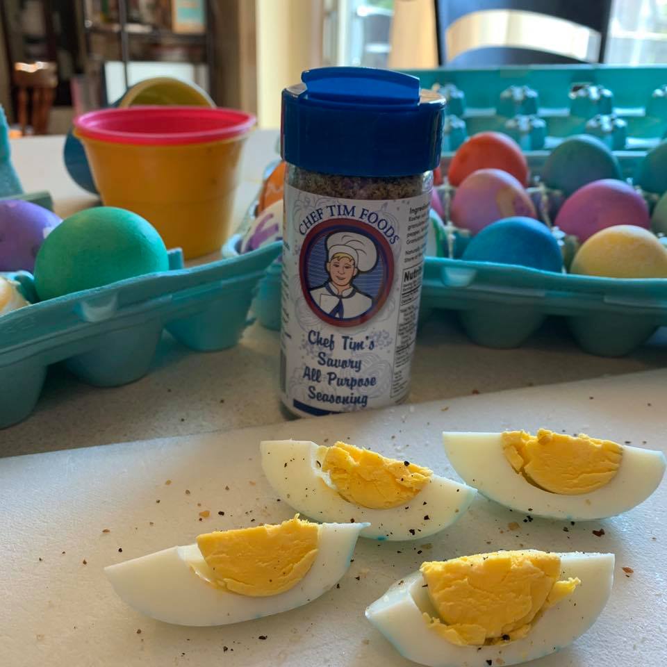 Sliced hard-boiled eggs Seasoned with Chef Tim's Savory All Purpose Seasoning on a cutting board, surrounded by colorful Easter eggs. Chef Tim's Savory All Purpose Seasoning is a delightful blend of spices for beef, pork, chicken, seafood, veal & lamb, including roasts, steaks, chops, loins, fillets, and burgers. Also great on roasted potatoes, fries, pizza, vegetables & soups.
"Anything that walked, swam flew or grew."
Gluten Free & Cholesterol Free & No MSG
Great as a Gift for anyone who loves
