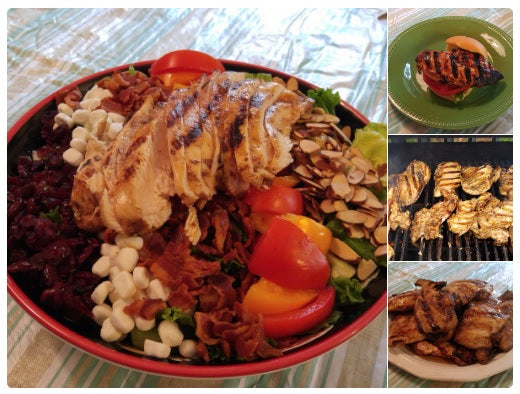 Collage of a salad with grilled chicken, vegetables, and a plate of grilled food.  All marinaded in tossed with Chef Tim's Sweet Balsamic Vinaigrette salad dressing and marinade.  Made with 7 natural Ingredients and is Gluten Free & Cholesterol Free & No MSG
 Makes a Great as a Gift for people who love to cook and desire to eat healthy, and/or gluten free.  Made in USA.
"Shake, Shake, Shake. Don't Refrigerate"©