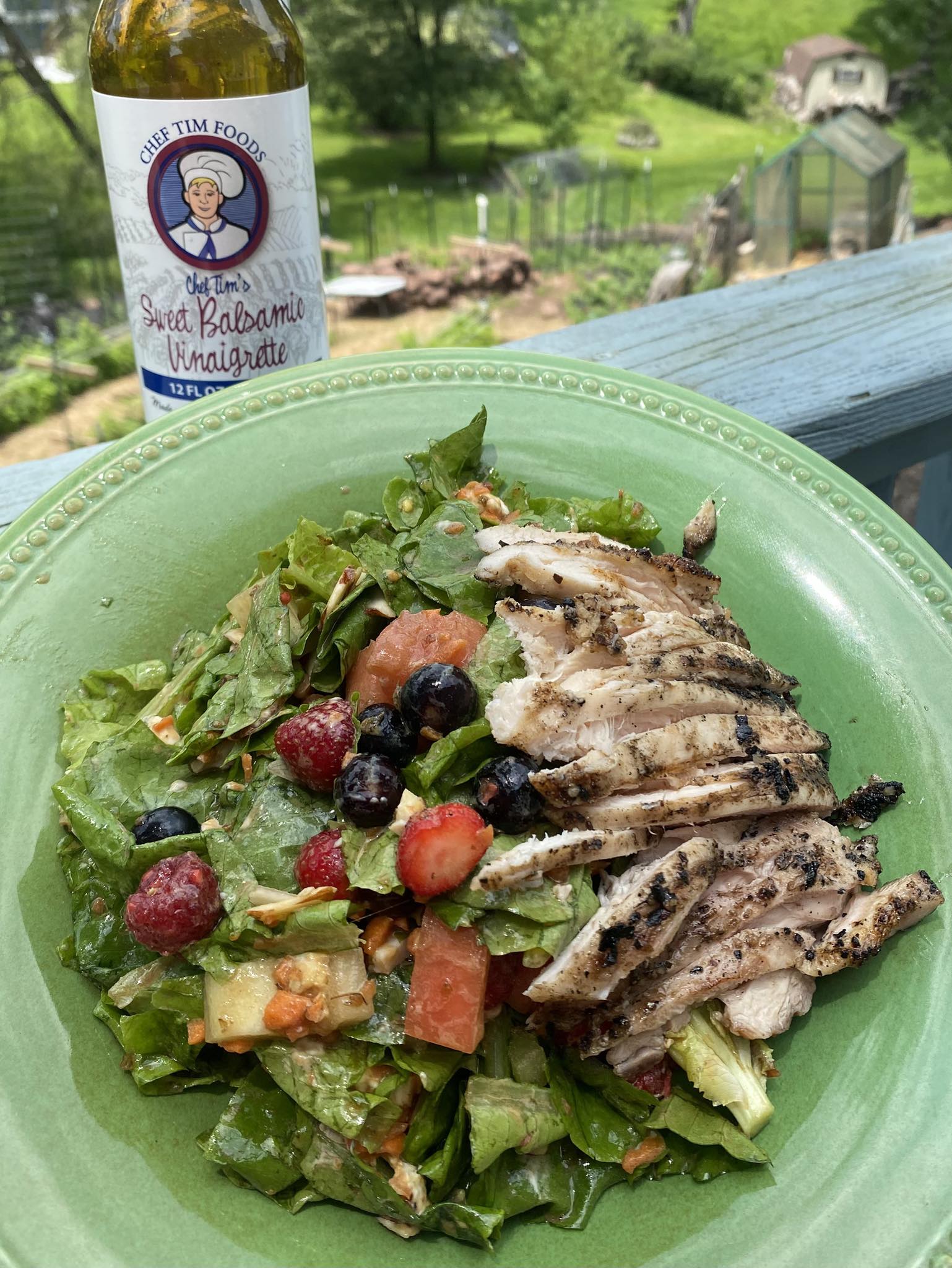 Triple Berry Salad with strawberries, raspberries, and blueberries plus grilled chicken and vegetables on a green plate, with a bottle of Chef Tim's Sweet Balsamic Vinaigrette salad dressing and marinade.  Made with 7 natural Ingredients and is Gluten Free & Cholesterol Free & No MSG
 Makes a Great as a Gift for people who love to cook and desire to eat healthy, and/or gluten free.  Made in USA.
"Shake, Shake, Shake. Don't Refrigerate"©